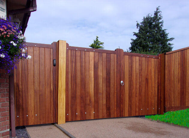 Blyth Pedestrian gate, Entrance gates and T&G fencing all in oiled Iroko