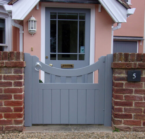 Lavenham gate in larch painted with Little Greene Mid Lead