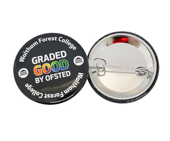 Full colour 38mm button badge with a safety pin