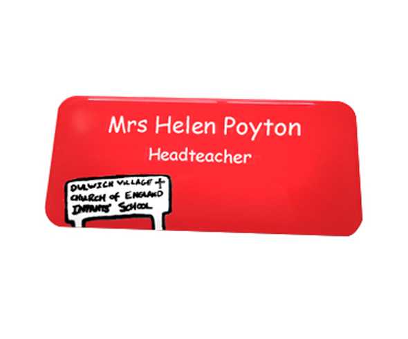 Printed name badge with a domed finish