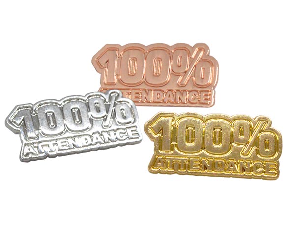Attendance award badges, in gold silver and bronze finish