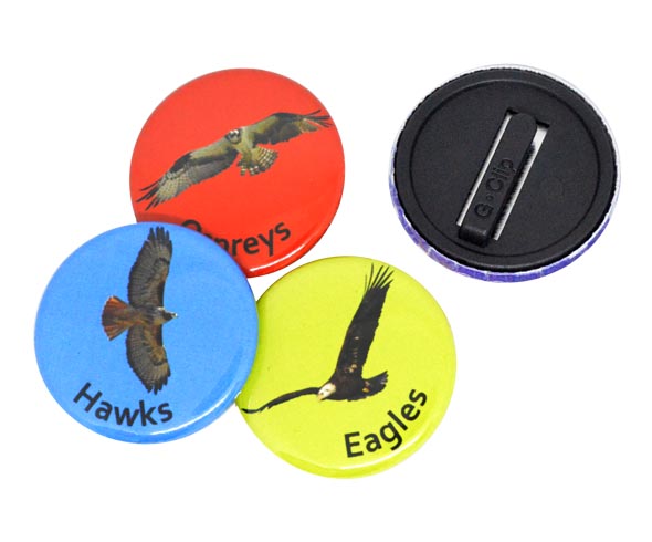 Full colour button badges with a plastic child safe clip