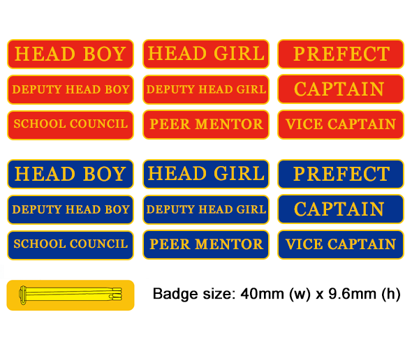 Range of bar badges in blue or red with a brooch pin