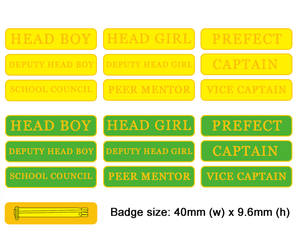Range of bar badges in green or yellow with a brooch pin