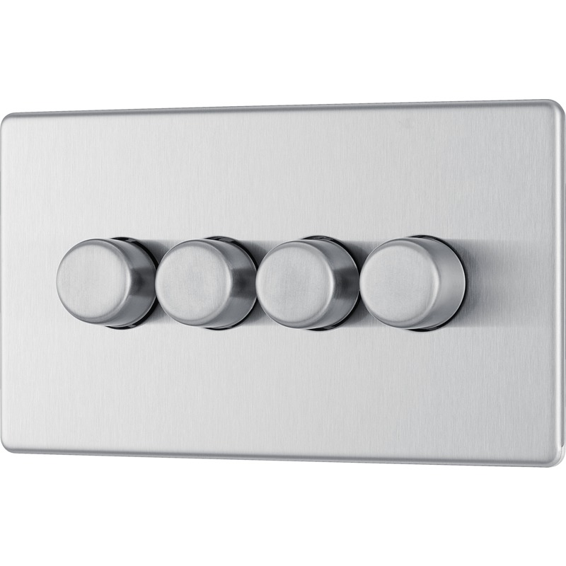 FBS84 Brushed Steel 4 Gang 2 Way Push Dimmer Trailing Edge