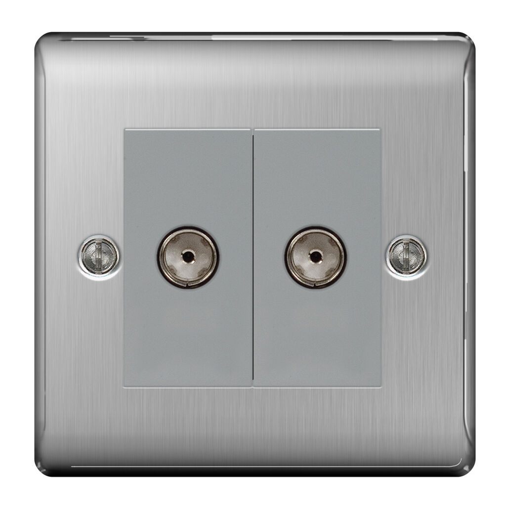 NBS63 Brushed Steel Isolated 2 Gang Co-axial Socket