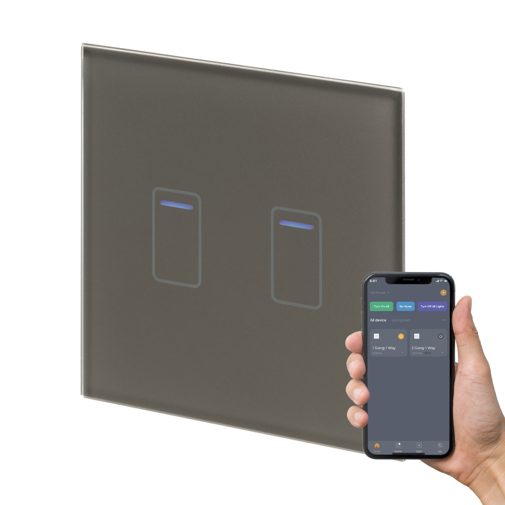 Crystal+ 01457 Wi-Fi Smart 2 Gang Touch Switch Grey Glass