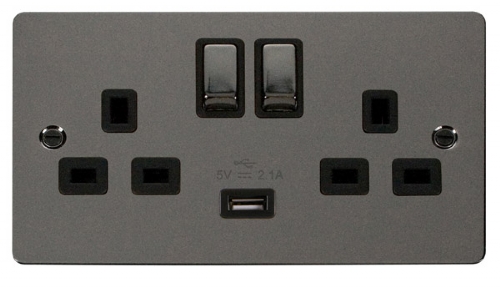 Scolmore Click Define FPBN570BK Ingot 2 Gang 13A Ingot Switched Socket with 2.1A USB Insert Black
