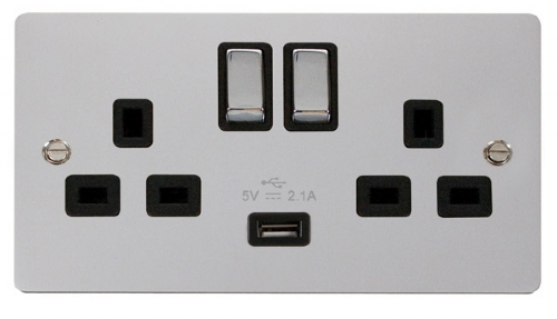 Scolmore Click Define FPCH570BK Ingot 2 Gang 13A Ingot Switched Socket with 2.1A USB Insert Black