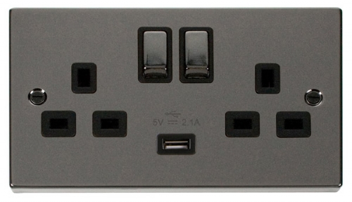 Scolmore Click Deco VPBN570BK 2 Gang 13A SP Ingot Switched Socket Outlet with 2.1A USB Insert Black