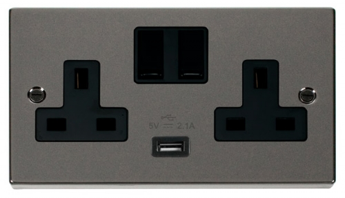 Scolmore Click Deco VPBN770BK 2 Gang 13A SP Switched Socket Outlet with 2.1A USB Insert Black