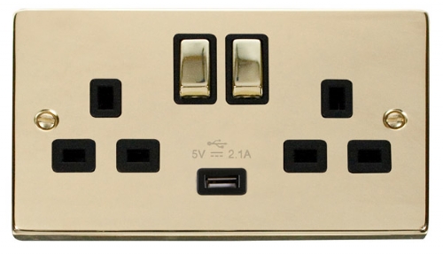 Scolmore Click Deco VPBR570BK 2 Gang 13A Ingot Switched Socket Outlet with 2.1A USB Insert Black