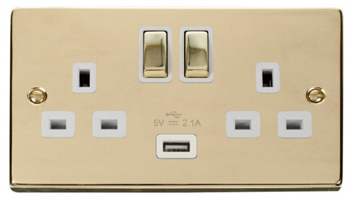 Scolmore Click Deco VPBR570WH 2 Gang 13A SP Ingot Switched Socket Outlet with 2.1A USB Insert White