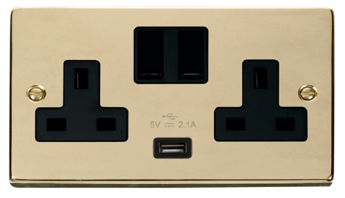 Scolmore Click Deco VPBR770BK 2 Gang 13A SP Switched Socket Outlet with 2.1A USB Insert Black