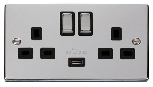 Scolmore Click Deco VPCH570BK 2 Gang 13A SP Ingot Switched Socket Outlet with 2.1A USB Insert Black