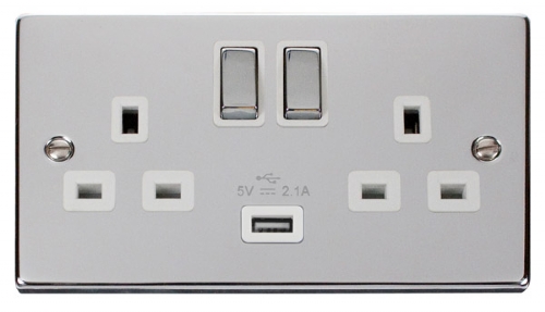 Scolmore Click Deco VPCH570WH 2 Gang 13A SP Ingot Switched Socket Outlet with 2.1A USB Insert White