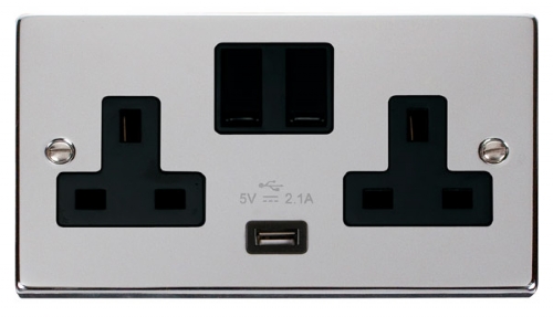 Scolmore Click Deco VPCH770BK 2 Gang 13A SP Switched Socket Outlet with 2.1A USB Insert Black