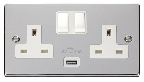 Scolmore Click Deco VPCH770WH 2 Gang 13A SP Switched Socket Outlet with 2.1A USB Insert White