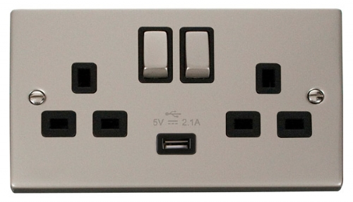 Scolmore Click Deco VPPN570BK 2 Gang 13A SP Ingot Switched Socket Outlet with 2.1A USB Insert Black