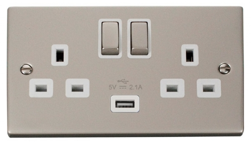Scolmore Click Deco VPPN570WH 2 Gang 13A SP Ingot Switched Socket Outlet with 2.1A USB Insert White