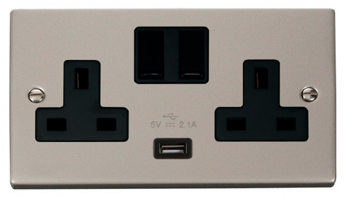 Scolmore Click Deco VPPN770BK 2 Gang 13A Switched Socket Outlet with 2.1A USB Insert Black