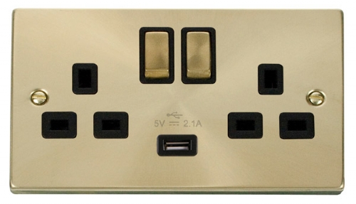 Scolmore Click Deco VPSB570BK 2 Gang 13A SP Ingot Switched Socket Outlet with 2.1A USB Insert Black