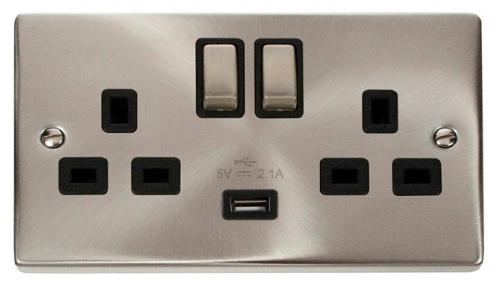 Scolmore Click Deco VPSC570BK 2 Gang 13A SP Ingot Switched Socket Outlet with 2.1A USB Insert Black