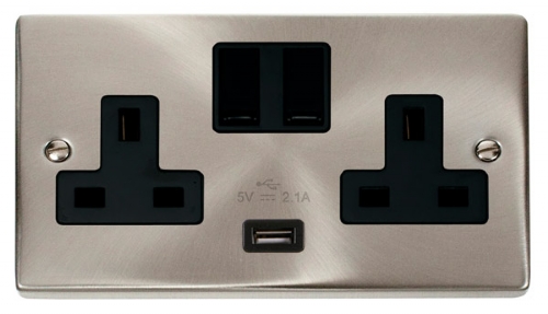 Scolmore Click Deco VPSC770BK 2 Gang 13A SP Ingot Switched Socket Outlet with 2.1A USB Insert Black