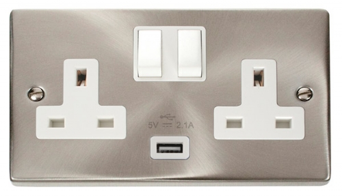 Scolmore Click Deco VPSC770WH 2 Gang 13A SP Switched Socket Outlet with 2.1A USB Insert White