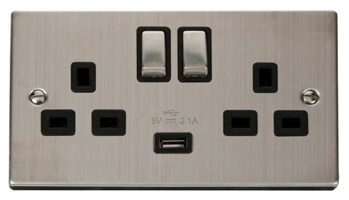 Scolmore Click Deco VPSS570BK 2 Gang 13A SP Ingot Switched Socket Outlet with 2.1A USB Insert Black