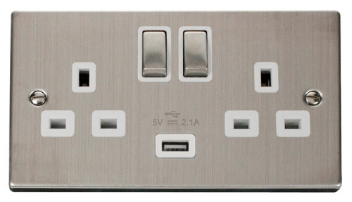 Scolmore Click Deco VPSS570WH 2 Gang 13A SP Ingot Switched Socket Outlet with 2.1A USB Insert White