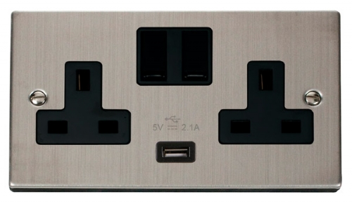Scolmore Click Deco VPSS770BK 2 Gang 13A Switched Socket Outlet with 2.1A USB Insert Black