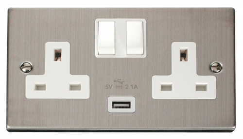 Scolmore Click Deco VPSS770WH 2 Gang 13A Switched Socket Outlet with 2.1A USB Insert White