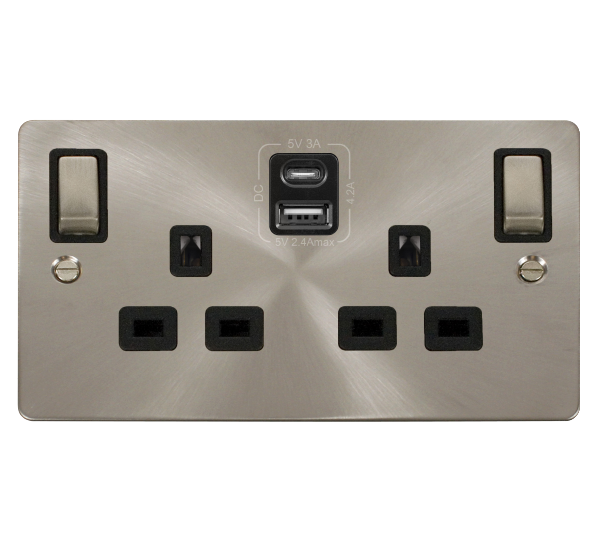 FPBS586BK Brushed Stainless Steel 2 Gang 13A Ingot Switched Socket c/w Type C & A USB Black