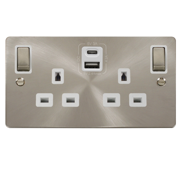 FPBS586WH Brushed Stainless Steel 2 Gang 13A Ingot Switched Socket c/w Type C & A USB White