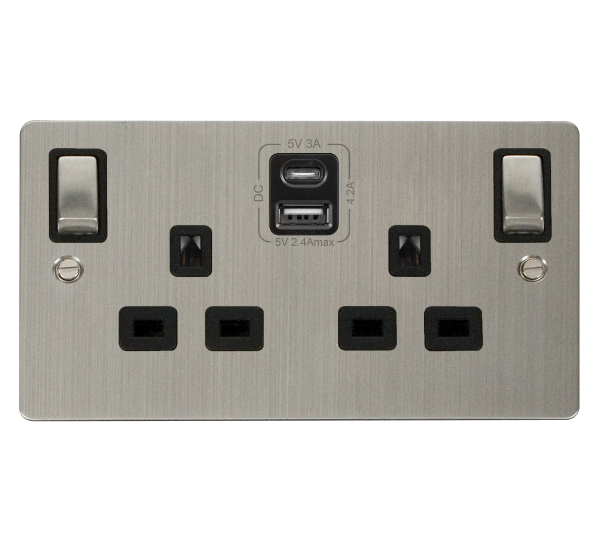 Click Define FPSS586BK Stainless Steel 2 Gang 13A SP Ingot Switched Socket c/w Type C & A USB Black