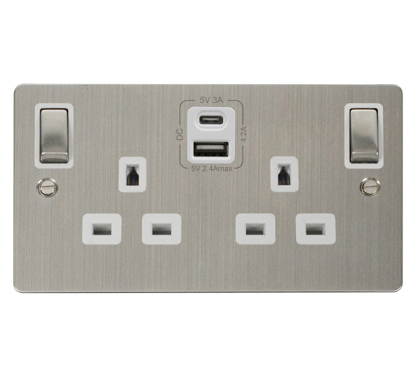 Click Define FPSS586WH Stainless Steel 2 Gang 13A SP Ingot Switched Socket c/w Type C & A USB White