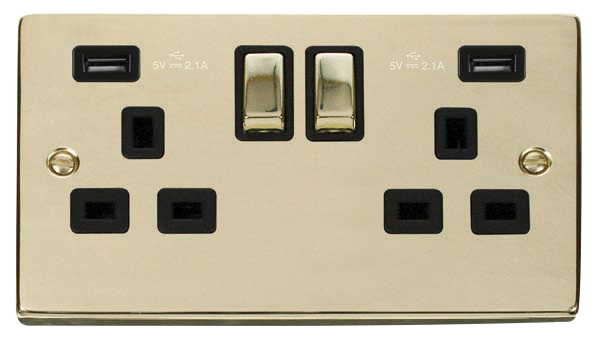 Click Deco VPBR580BK Polished Brass 2 Gang 13A SP Ingot Switched Socket USB 2 x 2.1A Black