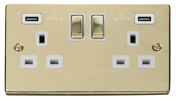 Click Deco VPBR580WH Polished Brass 2 Gang 13A SP Ingot Switched Socket USB 2 x 2.1A White
