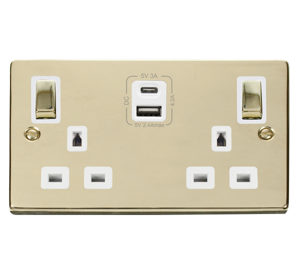 Click Deco VPBR586WH Polished Brass 2 Gang 13A Ingot Switched Socket c/w Type C & A USB White