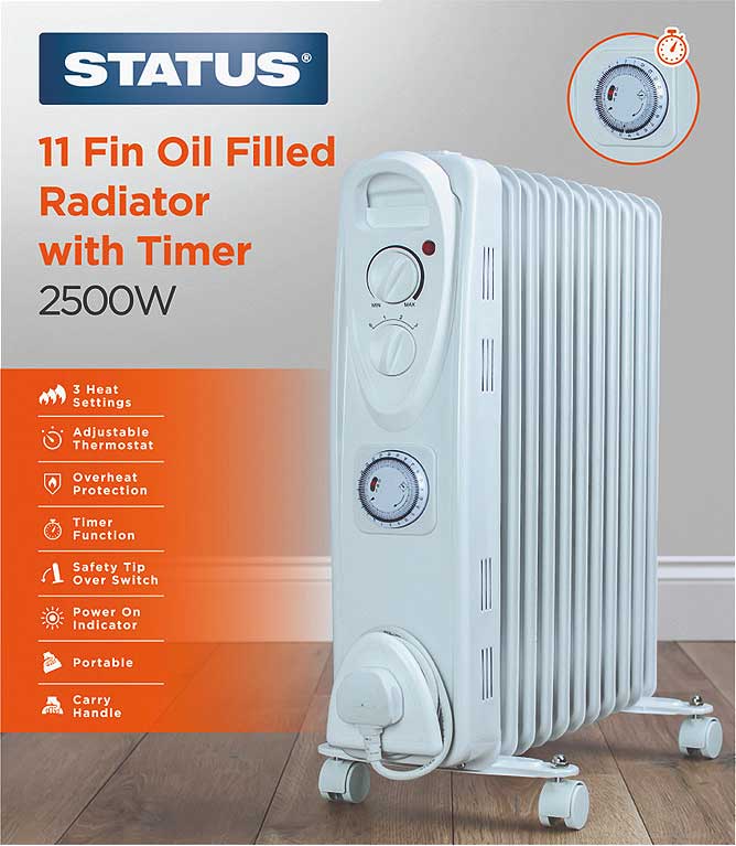 Status 11 Fin Oil Filled Radiator Timer 2500w with Adjustable Thermostat White