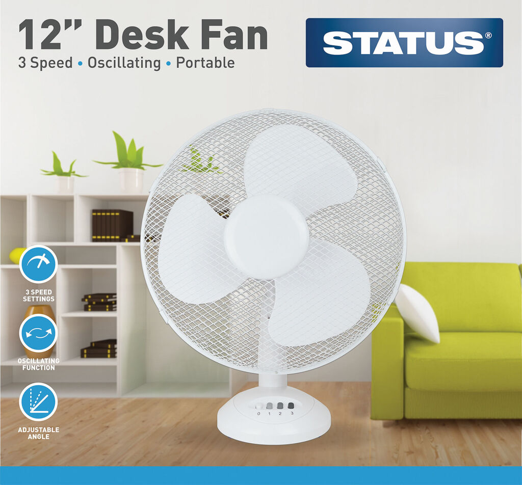 Status 12" Oscillating Desk Fan 3 Speed White