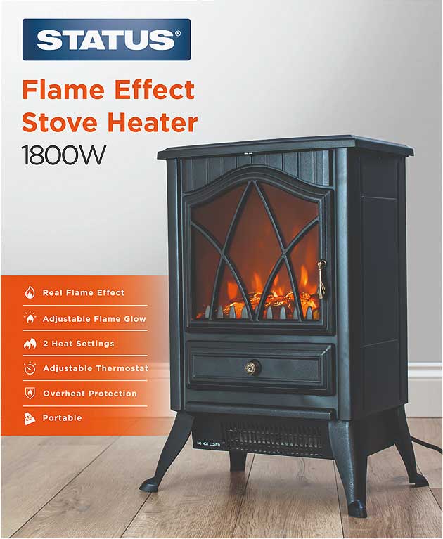 Status Flame Effect Stove Fan Heater 1800w with Adjustable Thermostat Black