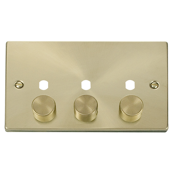 Scolmore Click Deco VPSB153PL Satin Brass 3 Gang Dimmer Plate and Knob