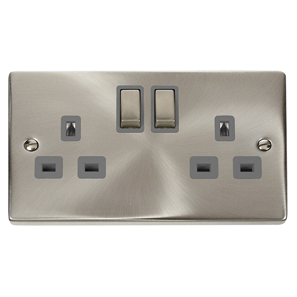 Click Deco VPSC536GY Satin Chrome 2 Gang 13A DP Ingot Switched Socket Grey