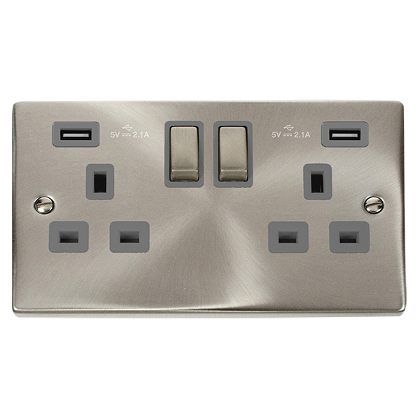 Click Deco VPSC580GY Satin Chrome 2 Gang 13A SP Ingot Switched Socket USB 2 x 2.1A Grey