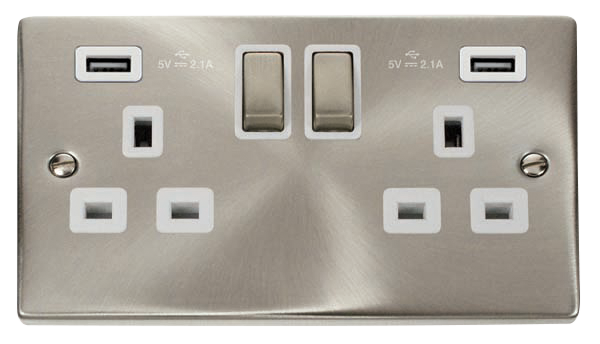 Click Deco VPSC580WH Satin Chrome 2 Gang 13A SP Ingot Switched Socket USB 2 x 2.1A White