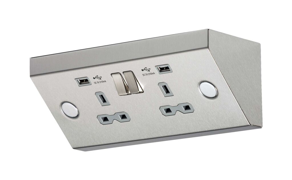 SKR009A Under Cabinet 2 Gang Stainless Steel Socket with Dual USB