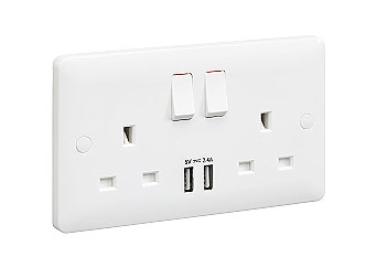 MK Base MB24344WHI 2 Gang DP Switched Socket with Twin USB Outlet 5V 2.4A
