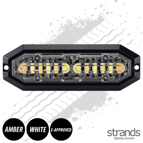 Duo Colour, Amber / White 6 LED Warning Light Strobe & Dynamic Indicator, 12/24v, Super Slim, Amber, ECE R65, Class 2